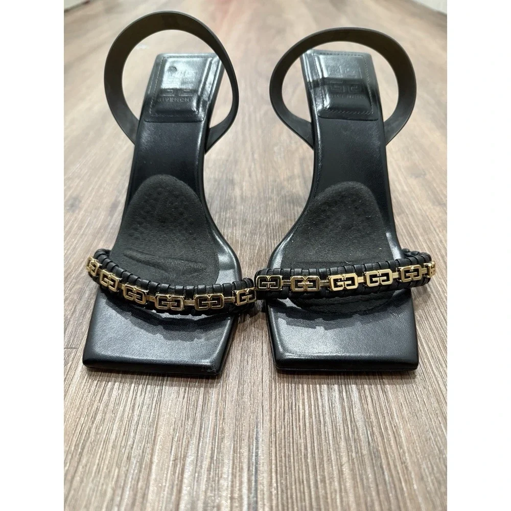 GIVENCHY	Black G Gold Logo Open Toe Woven Strap Leather Slingback Sandal Heel 39 - Picture 3 of 9